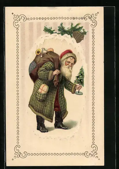 Präge-AK Weihnachtsmann mit einem Sack voller Geschenke