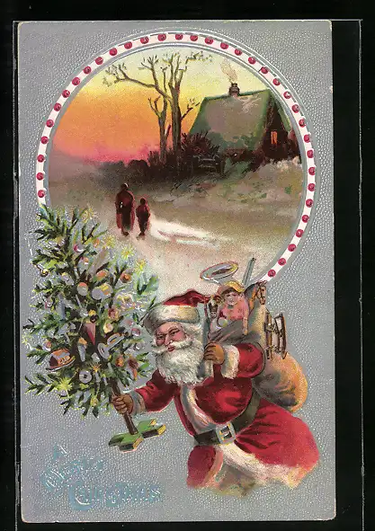 AK Winterlandschaft mit Hütte, Weihnachtsmann mit Geschenken & Tannenbaum