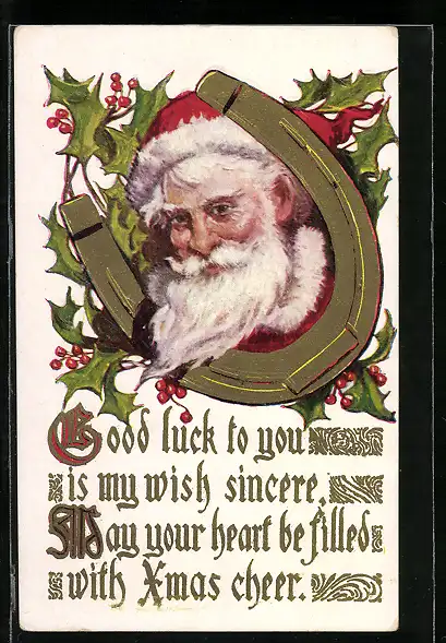 Präge-AK Weihnachtsmann schaut durch ein Hufeisen