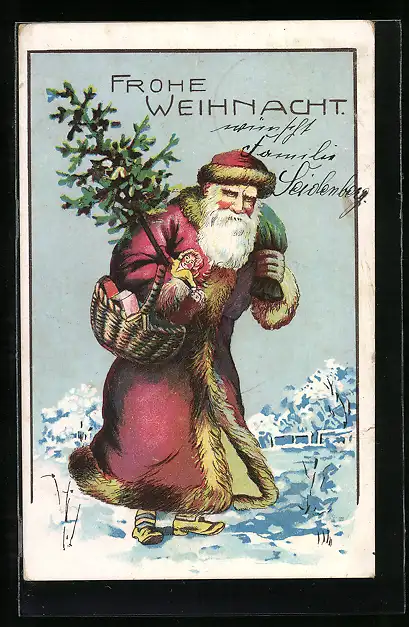 AK Weihnachtsmann mit Christbaum und Geschenken