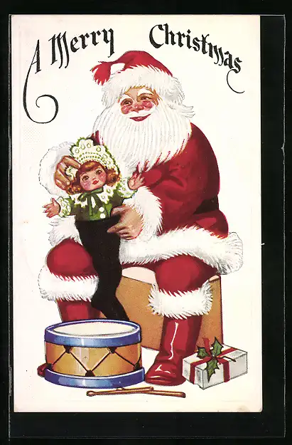 AK Weihnachtsmann steckt eine Puppe in den Strumpf, A Merry Christmas