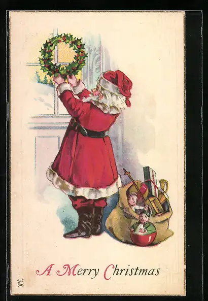 AK Weihnachtsmann hält einen Stechpalmenkranz in den Händen, Spielzeug