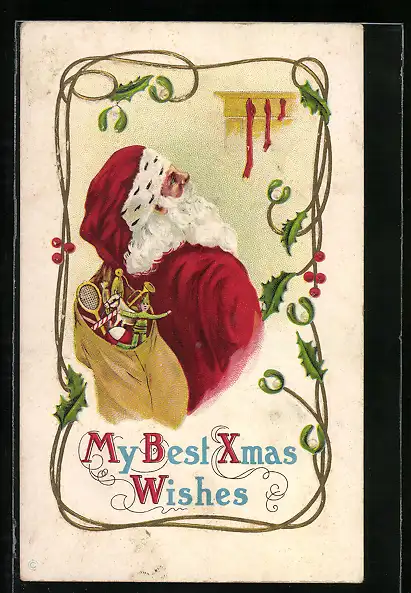 Präge-AK Weihnachtsmann mit Geschenken schaut zum Kamin