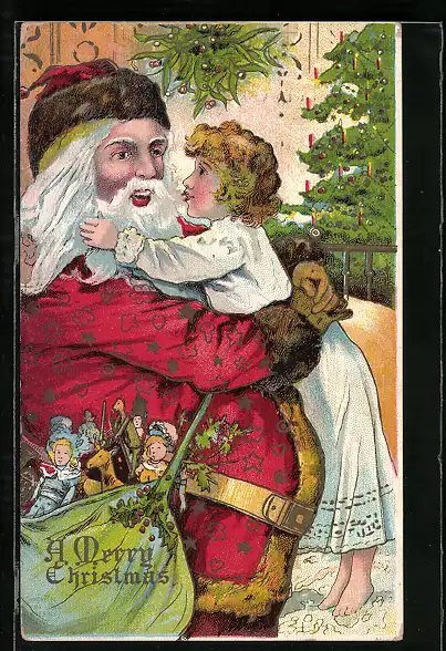 Präge-AK Weihnachtsmann hält Kind im Arm