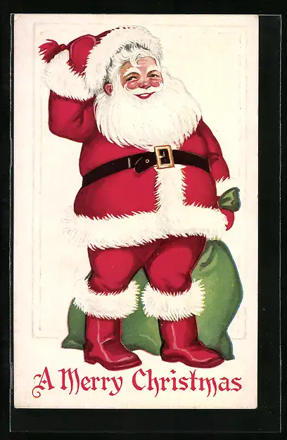 Präge-AK Weihnachtsmann setzt sich lächelnd seine Mütze auf