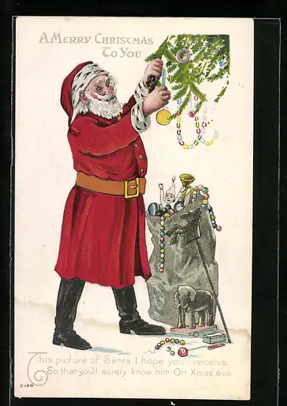 Präge-AK Weihnachtsmann hängt Christbaumkugel an den Baum