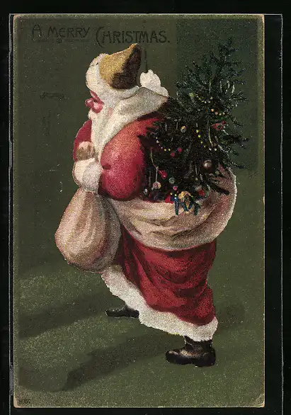 Lithographie a Merry Christmas, Weihnachtsmann mit Sack und Tannenbaum