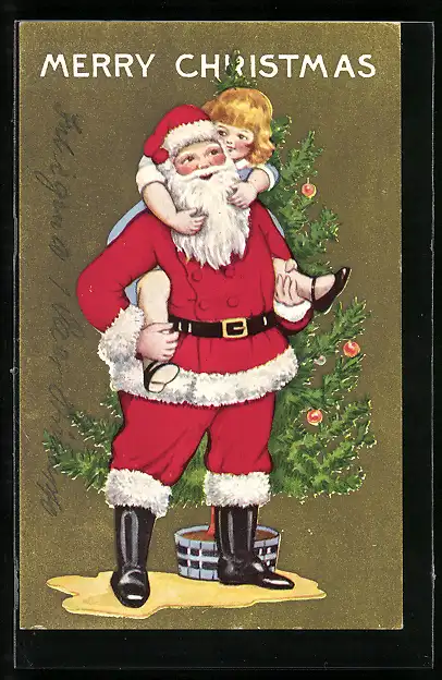 AK Weihnachtsmann trägt ein Mädchen Huckepack