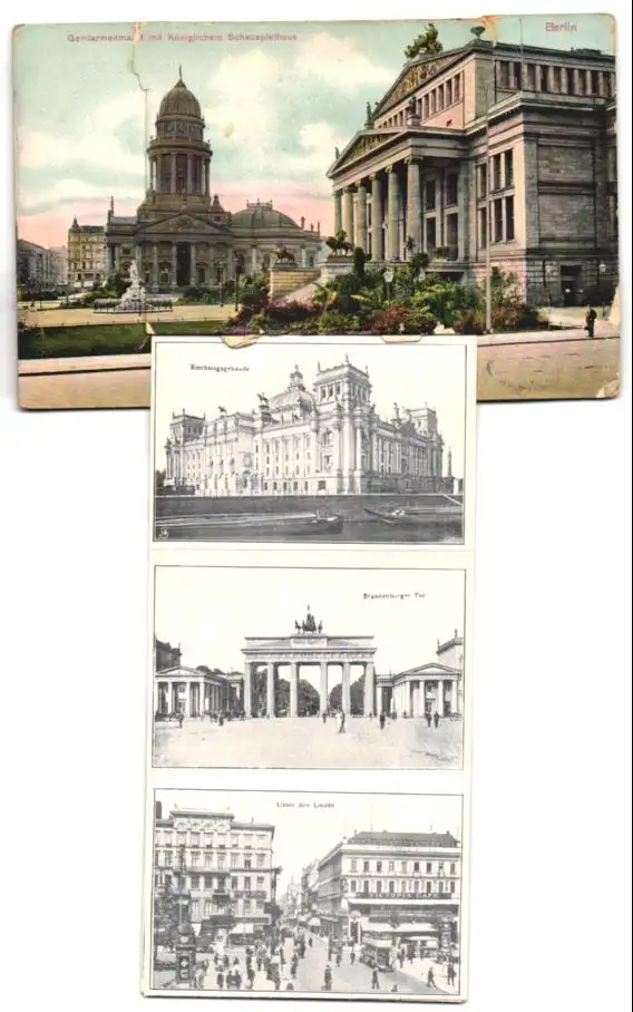 Leporello-AK Berlin, Gendarmenmarkt mit Königlichem Schauspielhaus, Siegesallee, Brandenburger Tor