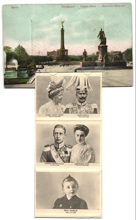 Leporello-AK Berlin-Tiergarten, Königsplatz, Siegessäule, Bismarck-Denkmal, Kaiserliche Familie