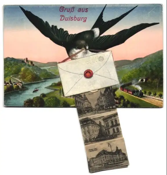 Leporello-AK Duisburg, Ansichten hinterm Brief, Stadttheater, Kuhtor, Königl. Land- und Amtsgericht