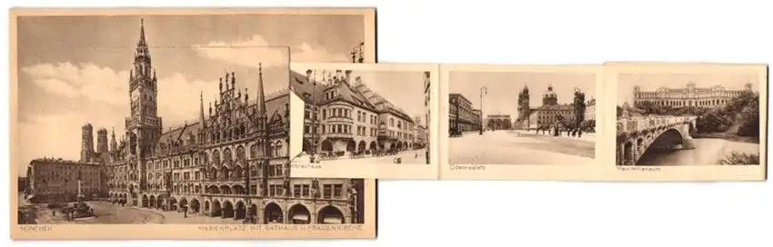 Leporello-AK München, Marienplatz mit Rathaus und Frauenkirche, Hofbräuhaus, Odeonsplatz, Bavaria