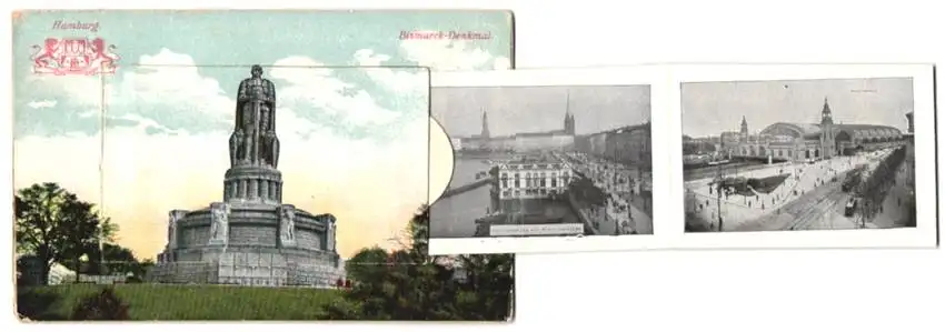 Leporello-AK Hamburg, Bismarck-Denkmal, Segelschiffhafen, Hauptbahnhof, Elbbrücke