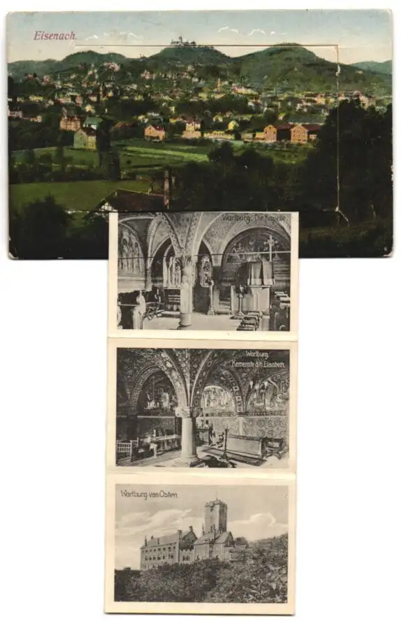 Leporello-AK Eisenach, Gesamtansicht, Die Wartburg mit dem ersten Burghof, Rüstsaal, Lutherstube