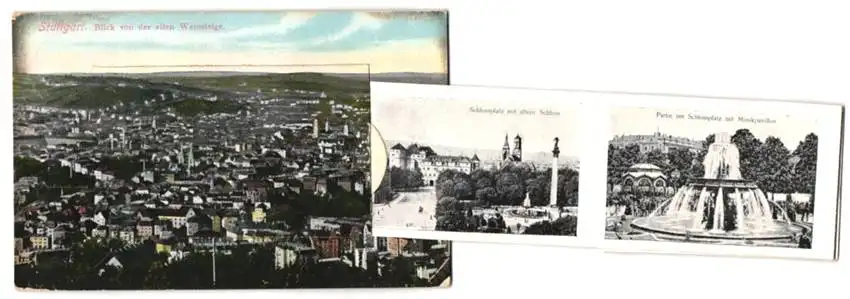 Leporello-AK Stuttgart, Blick von der alten Weinsteige, Schlossplatz, Wilhelma, Eugensbrunnen, Königsbau