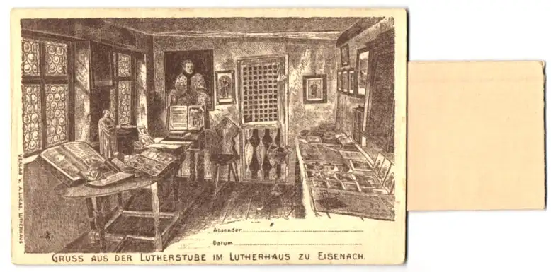AK Eisenach, Lutherstube im Lutherhaus, mit Einlage (Abdruck eines Zeitungstextes über das Lutherhaus)