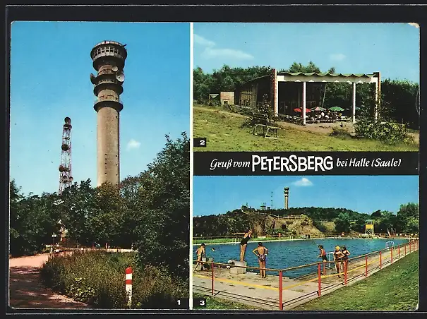 AK Petersberg bei Halle /Saale, Fernseh-Aussichtsturm, Bergbad, Fernsehpavillon mit Cafe