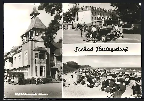 AK Heringsdorf / Seebad, FDGB Erholungsheim Frieden, Pferdekutsche, Strand