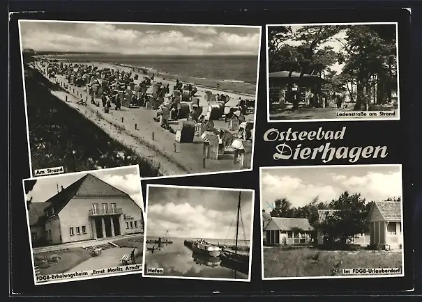 AK Dierhagen, Strand, FDGB-Erholungsheim Ernst Moritz Arndt, Hafen und Ladenstrasse