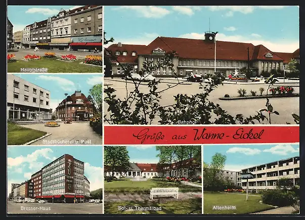AK Wanne-Eickel, Bahnhof, Hauptstrasse, Altenheim, Thermalbad