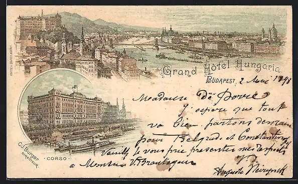 Lithographie Budapest, Grand Hotel Hungaria, Corso mit Dampfer