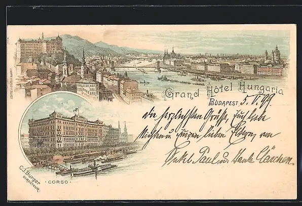 Lithographie Budapest, Grand Hotel Hungaria, Corso, Dampfer, Ortsansicht
