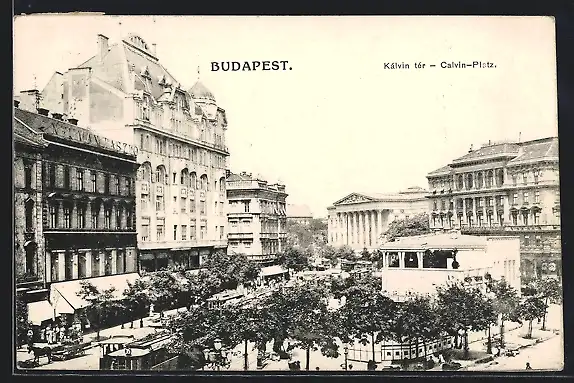 AK Budapest, Strassenbahn am Calvin-Platz