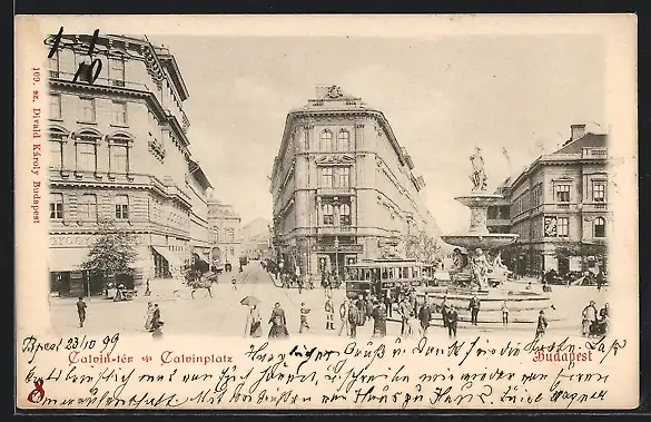 AK Budapest, Strassenbahn und Brunnen am Calvinplatz