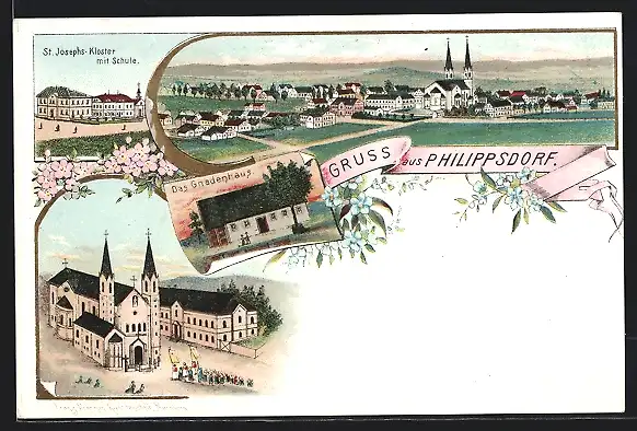 Lithographie Philippsdorf, St. Josephs-Kloster mit Schule und Gesamtansicht