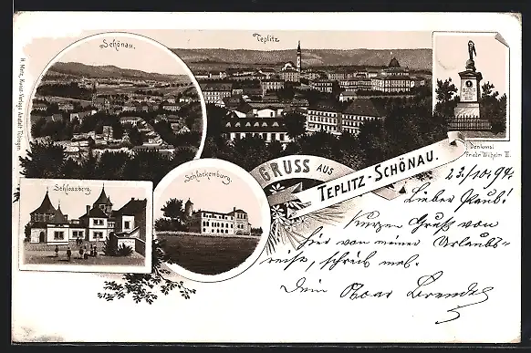 Lithographie Teplitz-Schönau, Schlackenburg, Schlossberg, Denkmal Friedrich Wilhelm III.