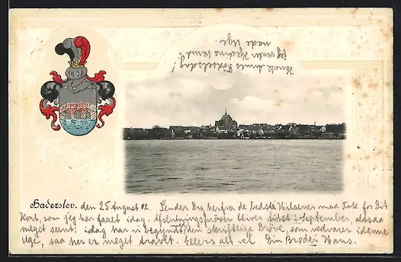 AK Haderslev, Blick vom Meer auf die Ortschaft, Wappen