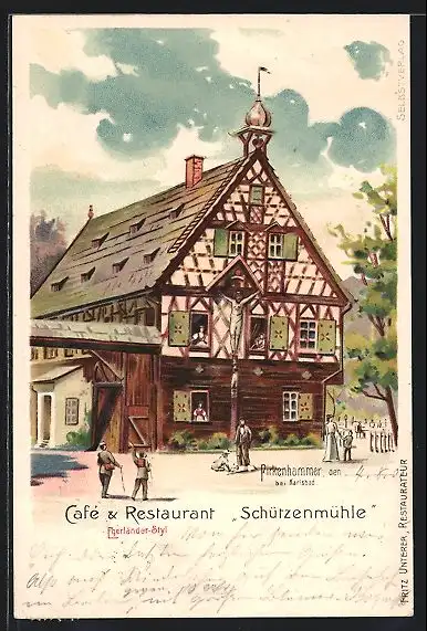 Lithographie Pirkenhammer, Café-Restaurant Schützenmühle im Egerländer-Stil