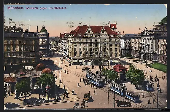 AK München, Karlsplatz mit Hauptbahnhof und Strassenbahn
