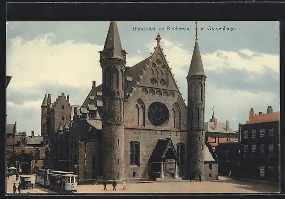 AK s` Gravenhage, Binnenhof en Ridderzaal, Strassenbahn