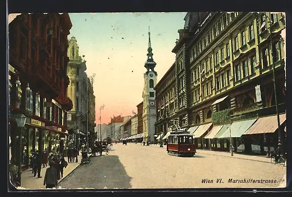 AK Wien, Mariahilferstrasse mit Geschäften und Strassenbahn