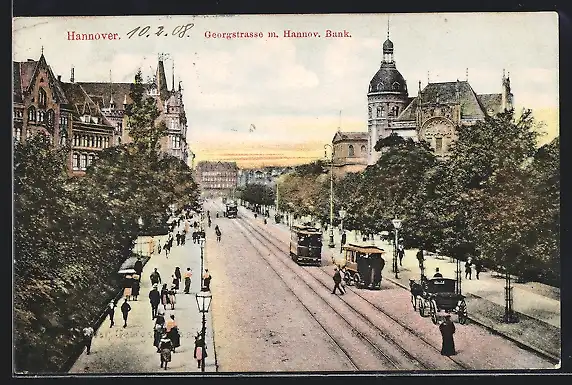 AK Hannover, Georgstrasse mit Hannov. Bank, Strassenbahn