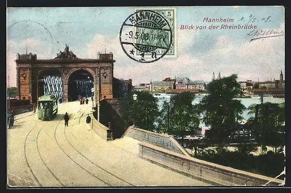 AK Mannheim, Blick von der Rheinbrücke, Strassenbahn