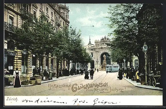 AK Zürich, Strassenbahn auf einer Strasse im Zentrum