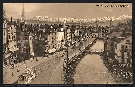 AK Zürich, Strassenbahn fährt am Limmatquai vorbei, Conditorei Schurter