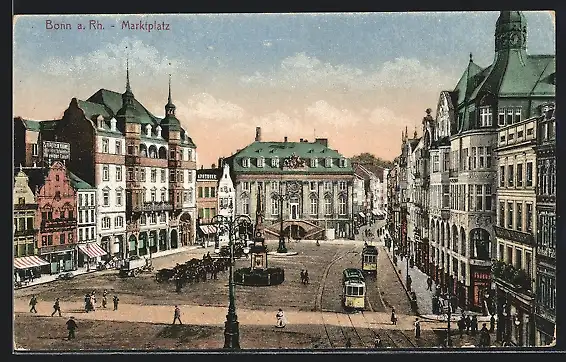 AK Bonn a. Rh., Marktplatz mit Geschäften und Strassenbahn