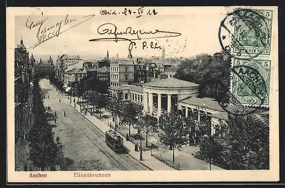 AK Aachen, Elisenbrunnen mit Strassenbahn