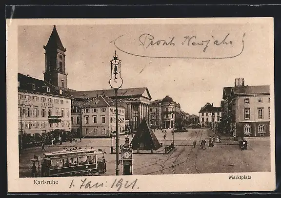 AK Karlsruhe, Marktplatz mit Strassenbahn