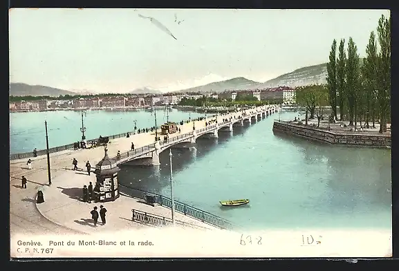 AK Genève, Pont du Mont-Blanc et la rade, Strassenbahn