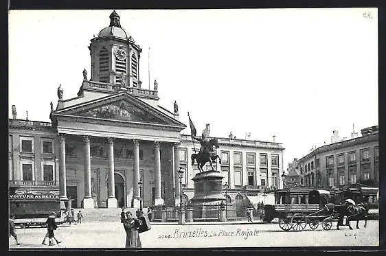 AK Bruxells, La Place Royale, Strassenbahn