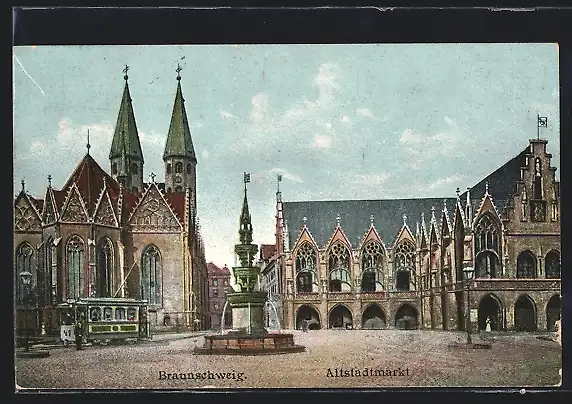 AK Braunschweig, Brunnen und Strassenbahn auf dem Altstadtmarkt