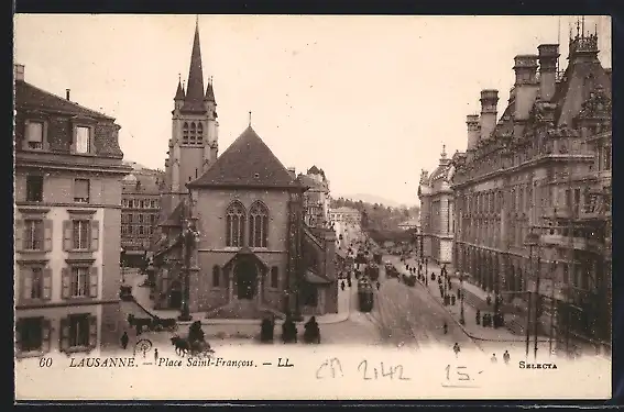 AK Lausanne, Place Saint-Francois, Strassenbahn