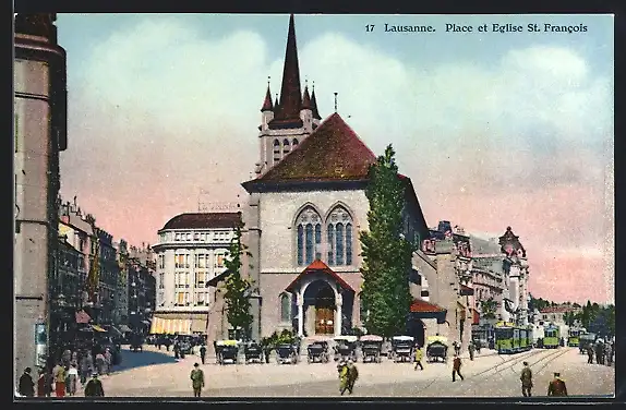 AK Lausanne, Place et Eglise St. Francois, Strassenbahn