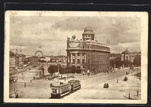 AK Wien, Urania mit Strassenbahn aus der Vogelschau