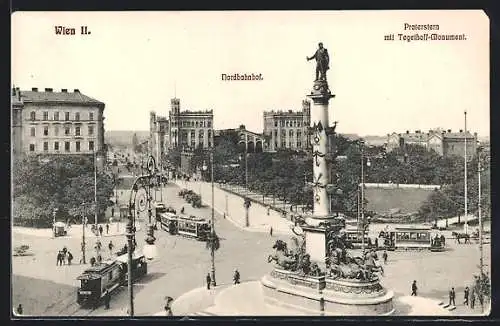 AK Wien, Nordbahnhof mit Tegethoff-Monument, Strassenbahnen