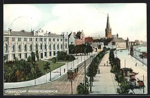 AK Düsseldorf, Rheinpromenade mit Strassenbahn aus der Vogelschau